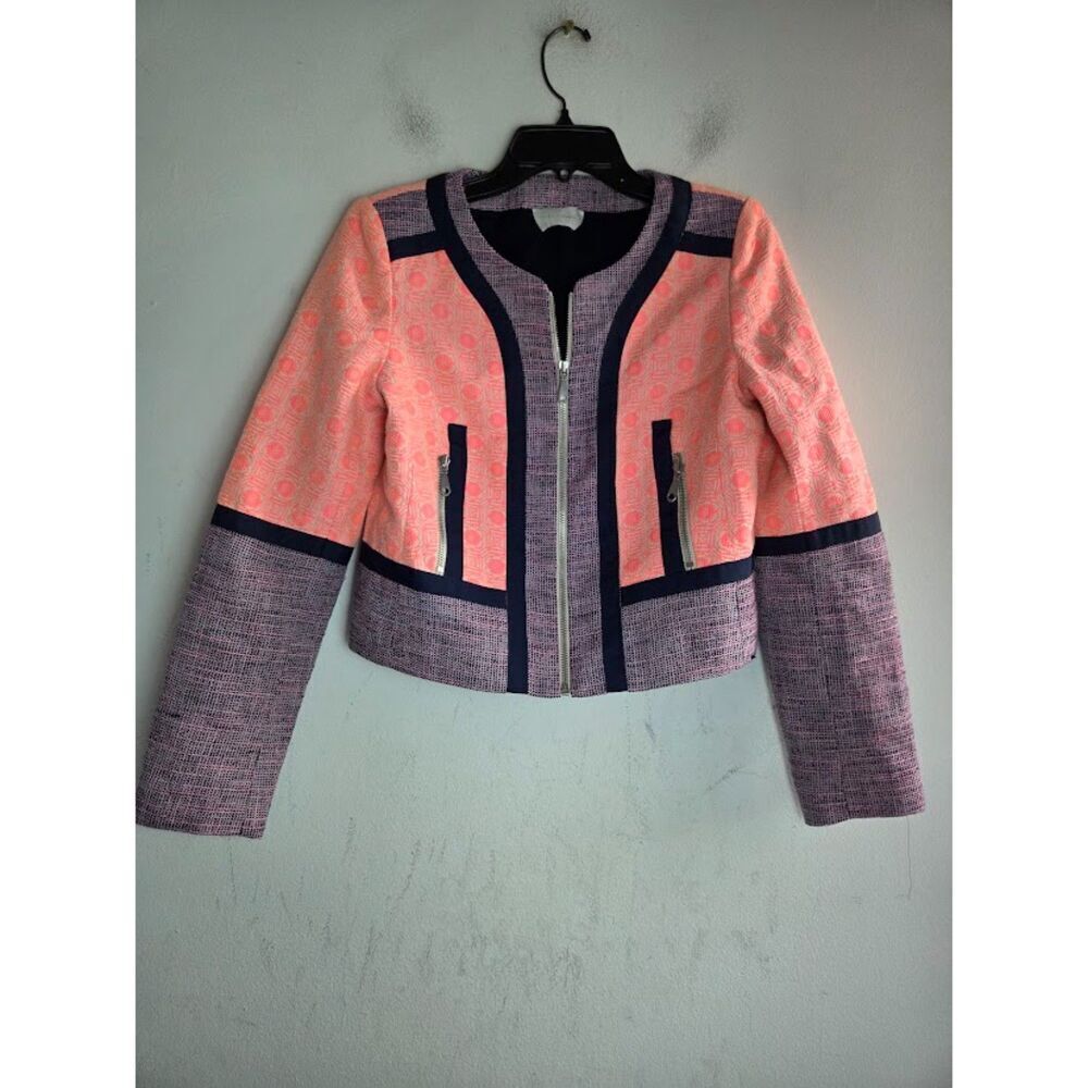 Rebecca Minkoff "Payton" Pink Purple Jacquard Black Full Zip Cotton Jacket sz 6